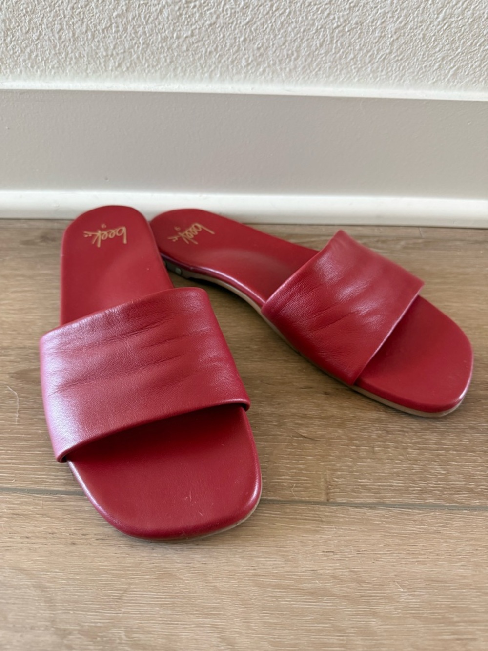 Beek Anthropologie Deep Red Leather Honeybird Sandals Slides size 9 $230
